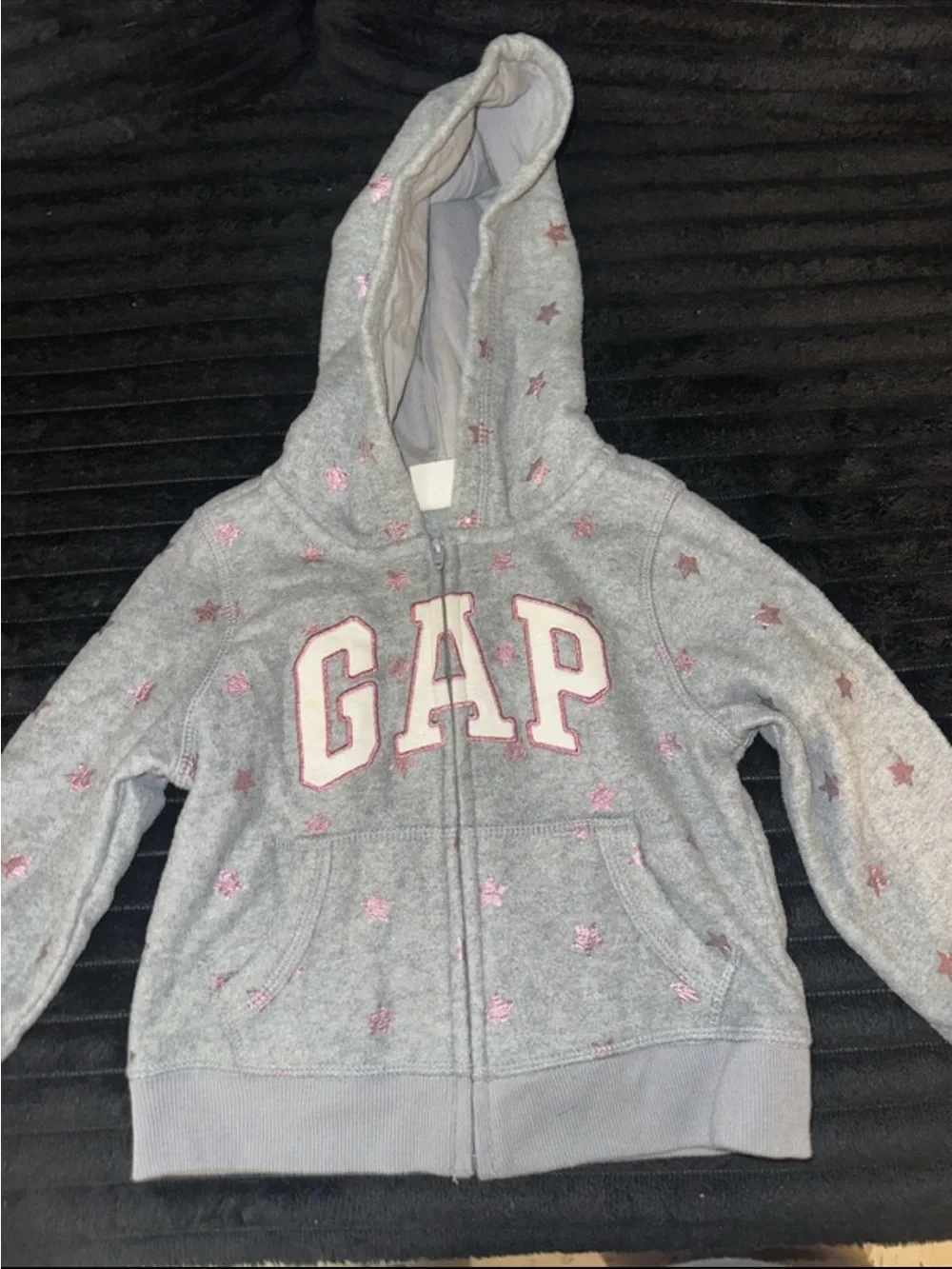 GAP Light Gray Hooded Zip Sweatshirt with Pink Star Embroidery